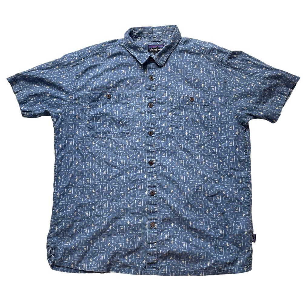 Patagonia Back Step Button Up Swamp Stamp Blue Short Sleeve Sz XL Men's